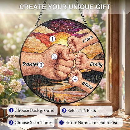 Personalized Fathers Day Birthday Gifts, Custom Stained Glass Windows Hanging with Kids Name, Suncatcher Ornament Decor Gift for Father Dad Grandpa