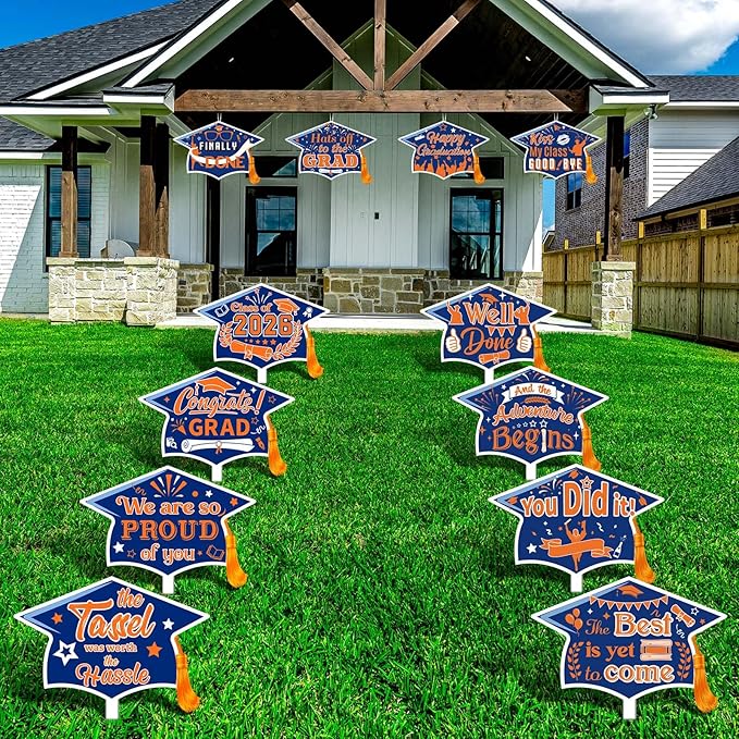Chunful 12 Pack Graduation Yard Signs Grad Decoration 2026 Happy Graduate Lawn Garden Sign with Stake Congrats Outdoor Plastic Cap Hanging Ornament for Class Pathway Walkway Porch Party(Blue Orange)