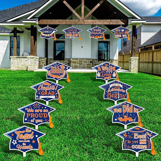 Chunful 12 Pack Graduation Yard Signs Grad Decoration 2026 Happy Graduate Lawn Garden Sign with Stake Congrats Outdoor Plastic Cap Hanging Ornament for Class Pathway Walkway Porch Party(Blue Orange)