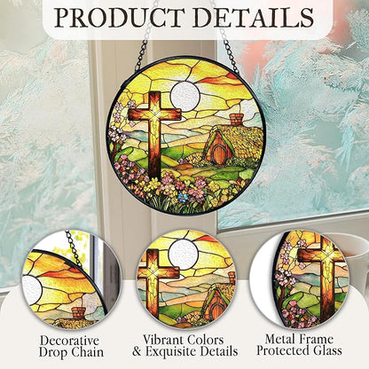 kdqua Cross Suncatcher Stained Glass Window Hanging, Christian Cross Wildflower Sunshine Sun Catchers Indoor Window Glass Round Wall Decor, Religious Wall Art Hanging Decorations Statues, 7.9x7.9in