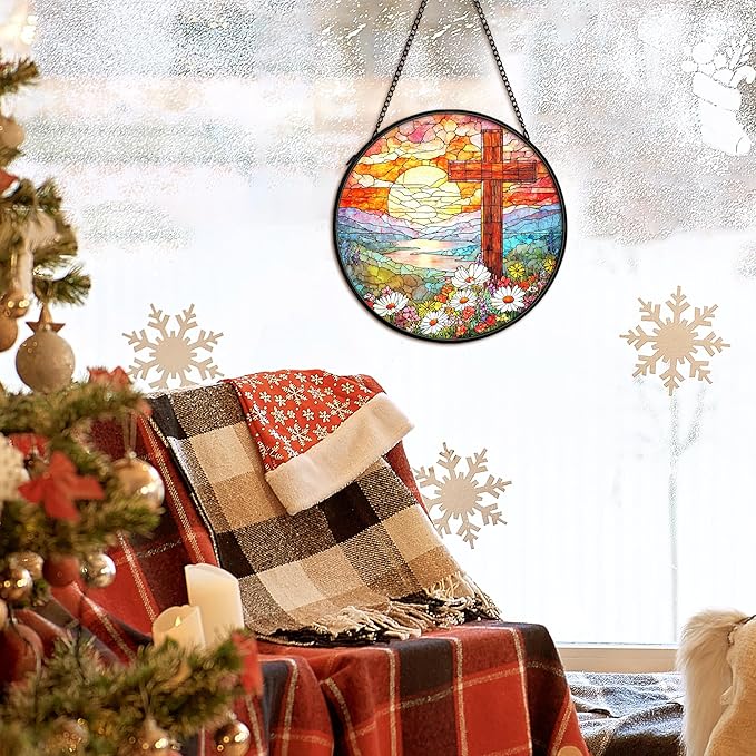 Christian Suncatcher Stained Glass Cross Window Hanging Decor, Christmas Religious Gifts for Women, Easter Landscape Sunrise Mountain Cross Garden Lawn Sun Catchers for Window Hanging,7.9x7.9In