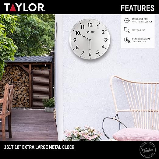 Taylor Indoor Outdoor Metal Wall Clock, Wireless Thermometer with Easy to Read Large Numbers for Patio, Pool, and Indoor Areas, 18-inch