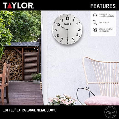 Taylor Indoor Outdoor Metal Wall Clock, Wireless Thermometer with Easy to Read Large Numbers for Patio, Pool, and Indoor Areas, 18-inch