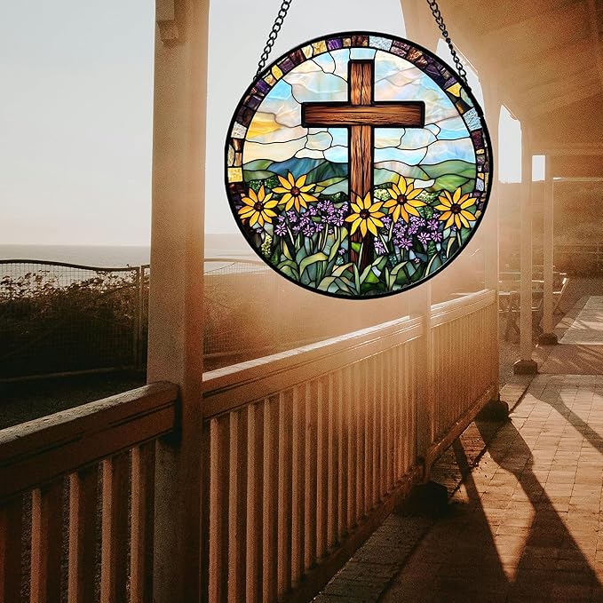 DASTOLL Christian Gifts for Women - Cross Stained Glass Window Hanging Easter Yellow Purple Wildflowers Sun Catcher Garden Religion Decor Mother's Day Catholic Gift for Men Grandma Nana Her Mom 15"