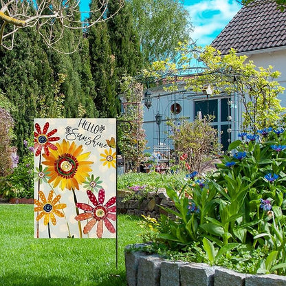 Summer Flowers Garden Flag 12x18 Inch Double Sided,Hello Sunshine Sunflower Daisy Small Yard Flags for Outdoor,Seasonal Decoration for Spring Farmhouse Holiday Outside