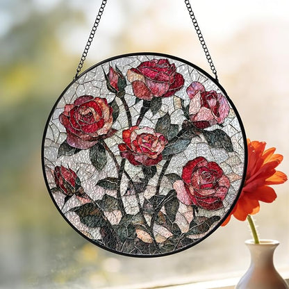 Pink Red Roses Stained Glass Window Hanging Suncatchers Valentine Roses Glass Panel Hangings Vintage Floral Window Decor Flowers Lovers Gift for Women Mom Spring Garden Nature Ornament 5.9inch