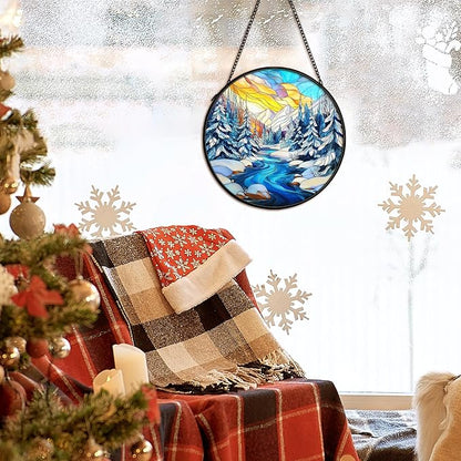 Winter Wonderland Christmas Suncatcher Stained Glass Window Hanging Decorstions, Landscape Stained Glass Wall Decor, Winter Solstice Gifts, Forest Garden Sun Catchers Window Art, 7.9x7.9 Inch