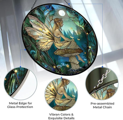 Fairy Mushroom Stained Glass Window Hanging, 9.8’’Sun Catcher Glass Panel Boho Wall Art Decor with Chain, Hand Painted Round Glass Gifts for Couples, Housewarming Gift