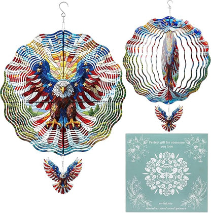 Hanging Wind Spinners Outdoor, 3D Kinetic Metal Wind Spinner with American Flag Bald Eagle Design for Garden Yard Decor, Patriotic Themed Gifts for Men Women Veterans