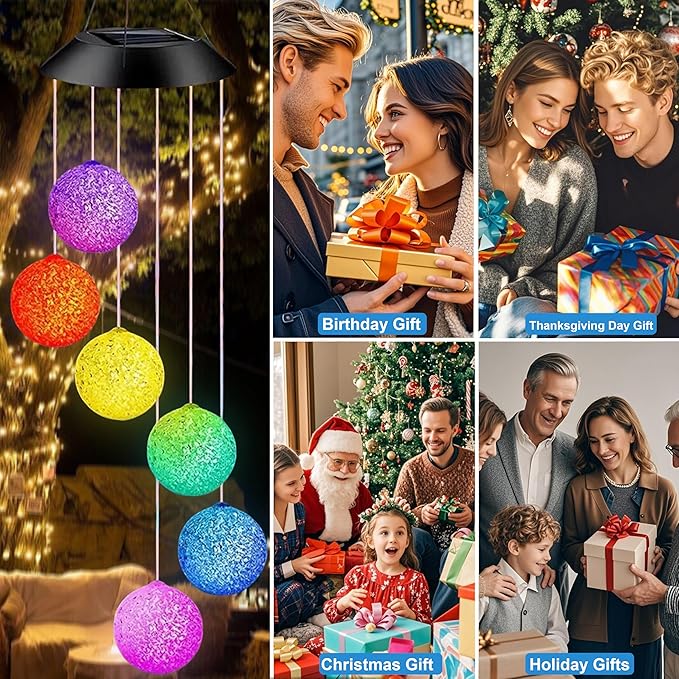 Solar Wind Chime for Outside,Hanging Wind Chimes for Outside,Solar Powered Color Changing Crystal Ball WindChimes,Patio Yard Outdoor Garden Porch Decor,Unique Ourdoor Gifts for Mom Grandma