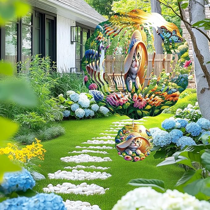 Wind Spinner Hanging Outdoor Decor, 12 Inch 3D Cute Cat Metal Kinetic Wind Spinners for Garden Yard Patio, Stainless Steel Laser Cut Art Gifts for Women Cat Lovers Outdoor Decorations