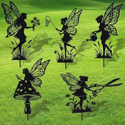 Novabright 5 Pcs Decorative Garden Stakes Metal Fairy Silhouette Set Stakes Outdoor Yard Art Decor Fairy Garden Sign for Lawn Flower Bed Planter Pot Landscaping (Black)
