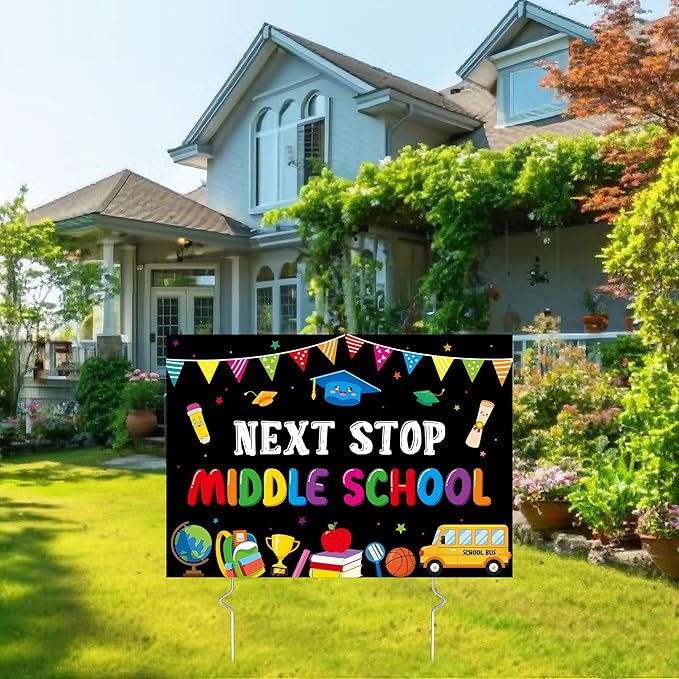 5th Grade Grad Yard Sign - Class of 2026 Elementary Graduate Lawn Sign with Stake Next Stop Middle School Congrats Graduation Waterproof Party Decorations Favors for Outdoor Garden Photo Booth Props