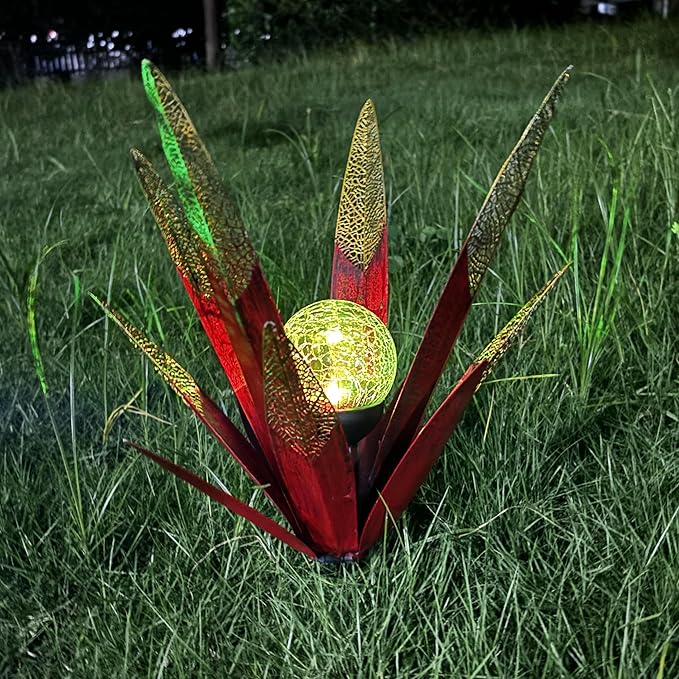 Tequila Rustic Sculpture, Metal Agave Statues Garden Hand Painted Decor for Yard Lawn Patio, Home Outdoor Courtyard Decoration with Solar Light Hollowed Leaves, Ornament Gifts (Red, Size)