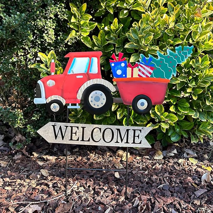 Vintage Metal Truck Yard Stake with Seasonal Sign Loads Metal Easter Welcome Sign for Outdoor Merry Christmas 4th of July Fall Harvest Spring Easter Garden Lawn Pathway Decor