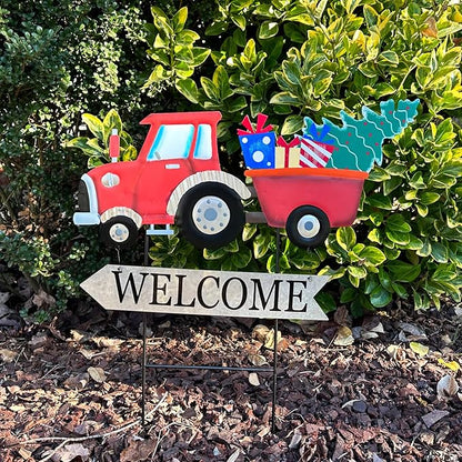Vintage Metal Truck Yard Stake with Seasonal Sign Loads Metal Easter Welcome Sign for Outdoor Merry Christmas 4th of July Fall Harvest Spring Easter Garden Lawn Pathway Decor