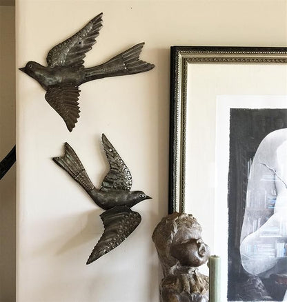 Set of 2 Garden Birds, Spring Home Accent Decor, 3D Wings, Metal Wall Hanging, Indoor Outdoor Display, Handmade 11 x 13 Inches