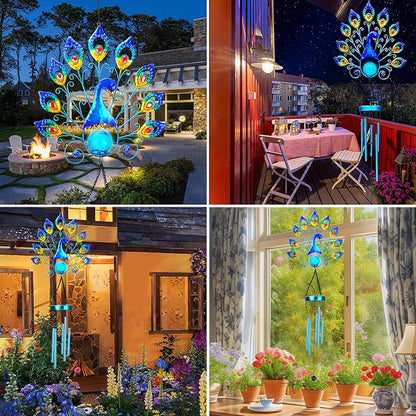 Outdoor Solar Wind Chimes, Metal Large Peacock Wind Chimes LED Lights Cracked Glass Ball Wtaerproof Garden Decorative Lights for Patio Yard Home Decor Gifts (Peacock)