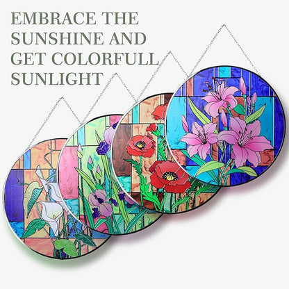 Hanway Suncatcher in Colorful Stained Glass 12" Dia - Genuine Brightly Colored Glass, Protective Metal Edge, Ready to Use Hanging Chain, for Window, Garden (Lily)
