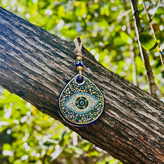 Mosaic Water Drop Evil Eye | The Thickest & Most Durable Glass Hanging Decor and Suncatcher | Positivity - Art - Charm | Indoor & Outdoor | Ojo Turco | Boho Protection Ornament | Turkish Nazar Amulet