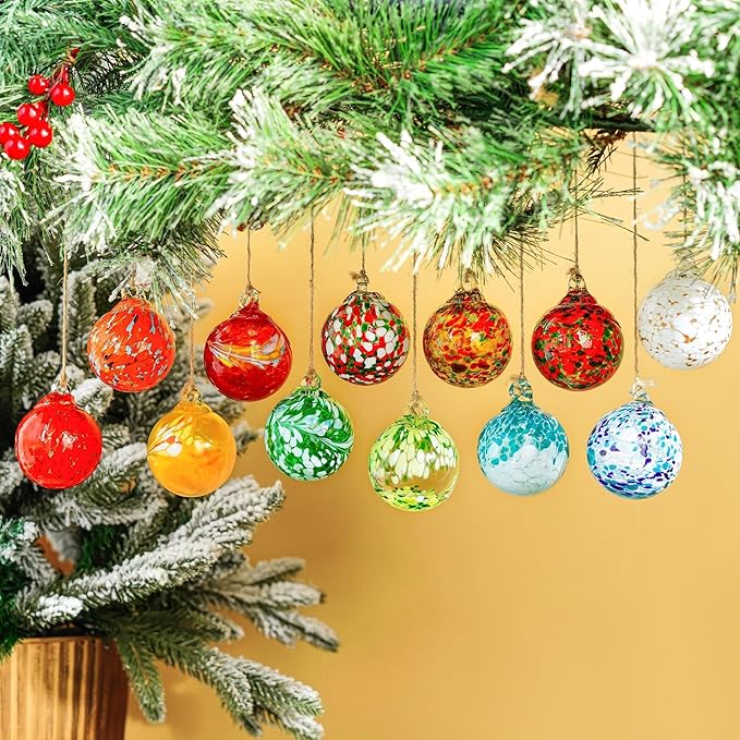 Set of 12 Hand Blown Glass Ball Ornaments Decorative Hanging Ornaments Glass Gazing Balls Witches Balls Decor for Outdoor Patio Garden Window