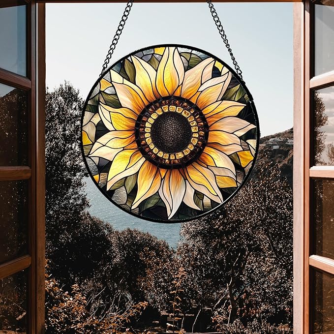 Stained Glass Window Hanging - Sunflower Suncatcher for Door Garden Patio Retro Flower Sun Catchers Decor Christmas Mother's Day Birthday Gifts for Women Mom Nana Friend Wife 9.8 in