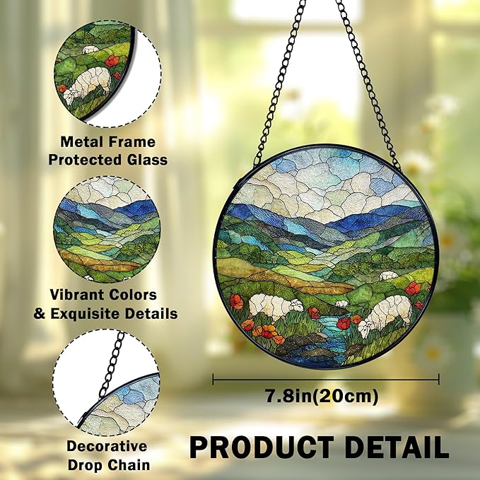 Green Irish Hills Sheep Suncatcher Stained Glass Window Hanging, Mountain Landscape Sun Catchers Indoor Window Glass Wall Art Decor, Irish Wall Hanging Decor Decorations, 7.9x7.9 Inch