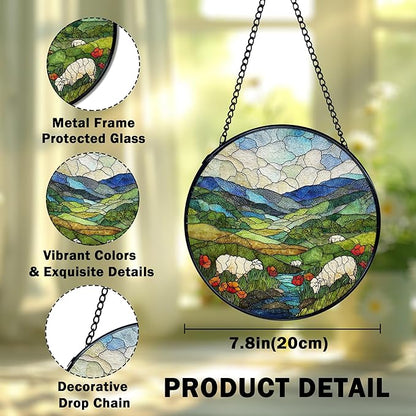 Green Irish Hills Sheep Suncatcher Stained Glass Window Hanging, Mountain Landscape Sun Catchers Indoor Window Glass Wall Art Decor, Irish Wall Hanging Decor Decorations, 7.9x7.9 Inch