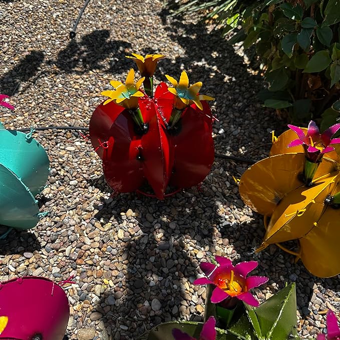 Handmade Metal Bisnaga Cactus with Flowers - Garden Art Decor (Red)