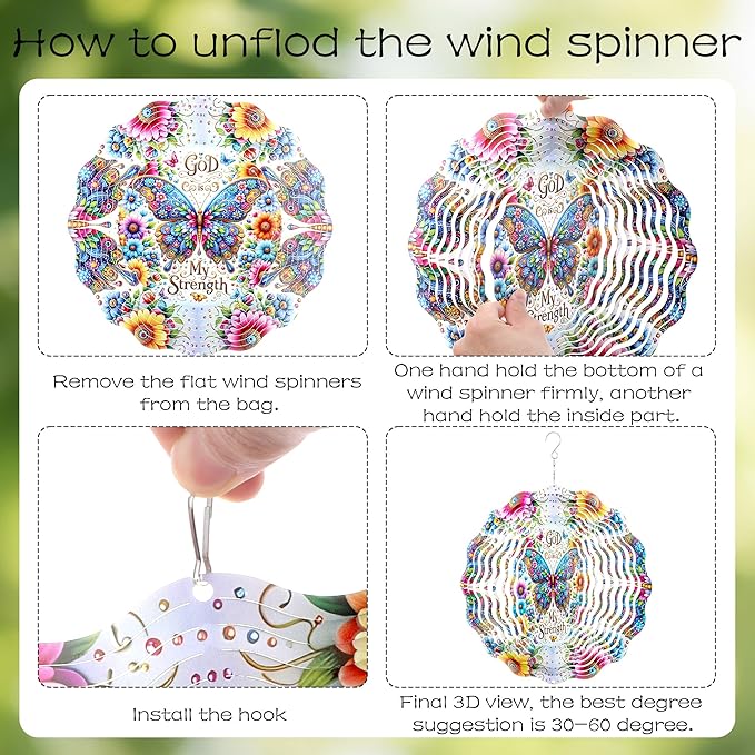Metal Wind Spinners Outdoor - Butterfly Gifts 3D Stainless Steel Wind Spinner 12 Inch Flower Decor for Patio Lawn Garden Yard Hanging Kinetic Ornaments Gift for Women Mom Grandma Wife Friends
