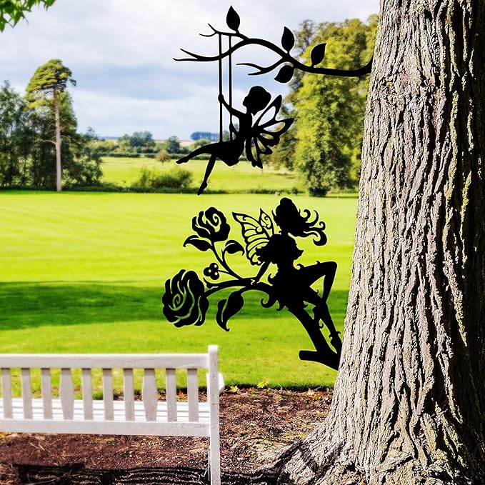 Hotop 3 Pcs Fairy Garden Silhouette Stakes Decoration Metal Fairy Silhouette Statue Butterfly Flower Tree Branch Wall Ornaments for Indoor Outdoor Home Yard Patio Lawn
