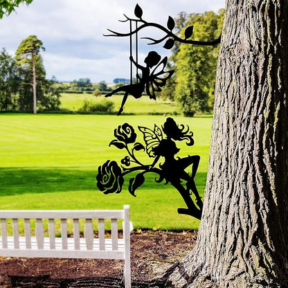 Hotop 3 Pcs Fairy Garden Silhouette Stakes Decoration Metal Fairy Silhouette Statue Butterfly Flower Tree Branch Wall Ornaments for Indoor Outdoor Home Yard Patio Lawn