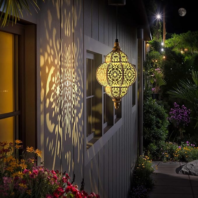 Hapjoy Hanging Solar Lights Outdoor Garden Decor Solar Lantern Waterproof Plastic Moroccan Outdoor Decorations for Patio Pathway Yard Backyard Garden Decorative (1 Pack, Bronze)