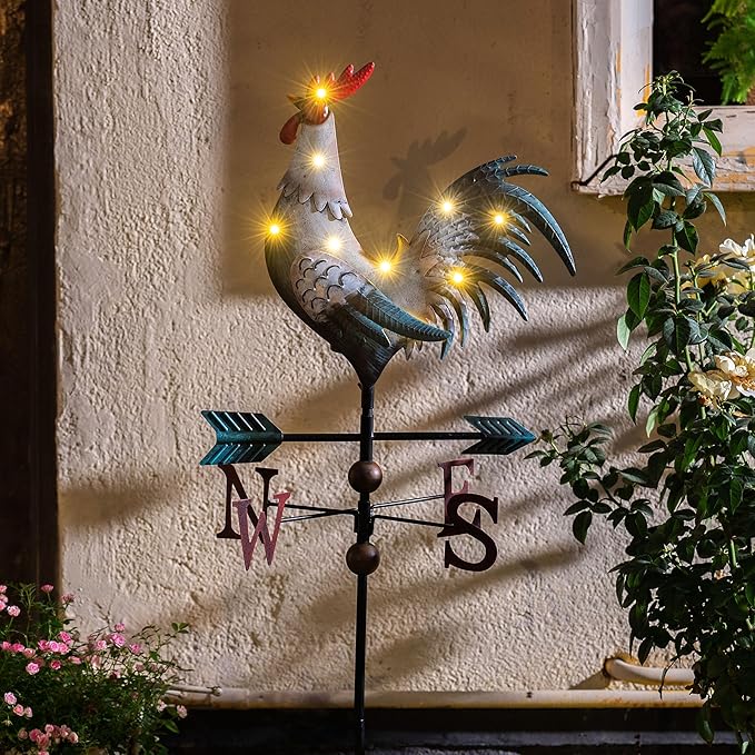TERESA'S COLLECTIONS Garden Decor with Solar Outdoor Lights, White Rooster Yard Art Sign for Outside, 39.4'' Metal Weathervane Decorative Garden Stake for Outdoor Decor, Lawn, Gifts for Fathers Day