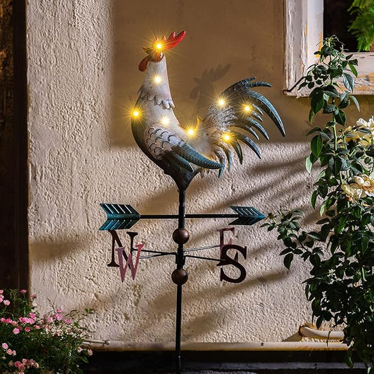 TERESA'S COLLECTIONS Garden Decor with Solar Outdoor Lights, White Rooster Yard Art Sign for Outside, 39.4'' Metal Weathervane Decorative Garden Stake for Outdoor Decor, Lawn, Gifts for Fathers Day