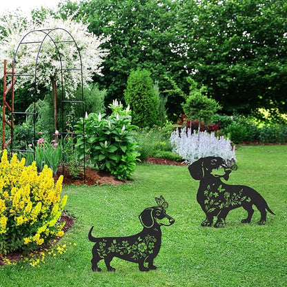 Dachshund Garden Stakes Decorations - 2 Pcs Metal Dog Lover Statues Set Decor for Yard Black Butterfly Gifts Silhouette Lawn Ornaments Outdoor Cute Art Flowers Patio Signs Animals Sculpture
