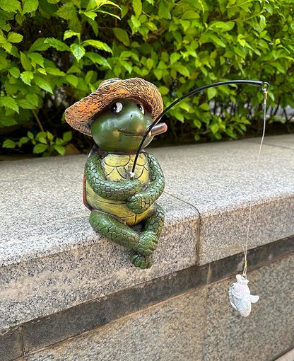 9.5" Turtle Fishing Sculptures & Statues, Whimsical Yard Art, Funny Pond Fisherman, Cute Outdoor Ornament, Unique Gift for Turtle Fishing Lovers