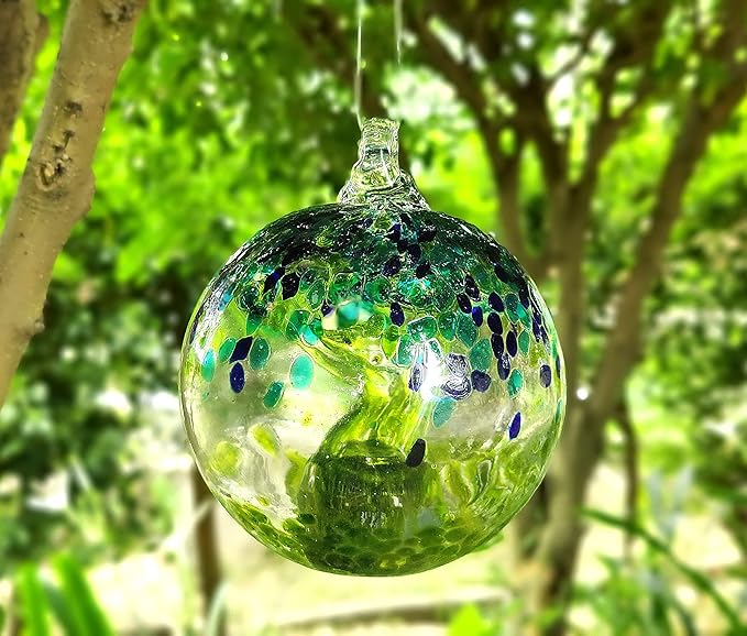 5.5-Inch Solar Powered Hanging Threaded Glass Gazing Ball Outdoor Garden Decoration (Green, Aqua & Blue)