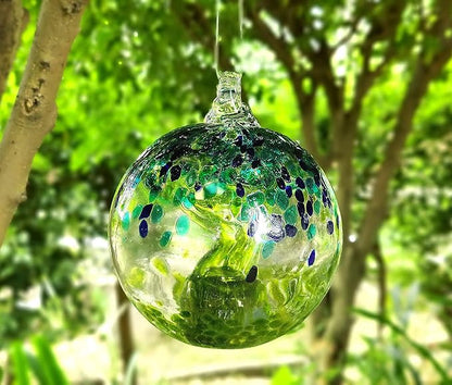 5.5-Inch Solar Powered Hanging Threaded Glass Gazing Ball Outdoor Garden Decoration (Green, Aqua & Blue)