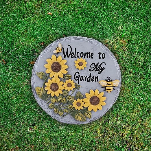 Welcome to My Garden Stepping Stone Outdoor, Butterfly Flower Stone Statue for Garden, Funny Stepping Stone for Yard, Balcony, Patio, Lawn Decorative, Spring in Garden Collection (Daisy)