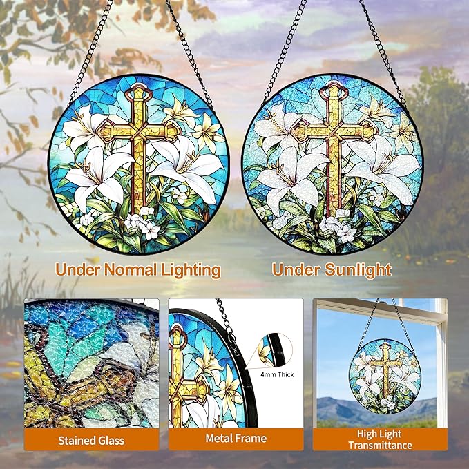 7.88'' Stained Glass Window Hanging, Cross Lily Suncatcher Stained Glass Panel with Hook Chain for Window, Christian Sun Catchers Home Decor Mother's Day Birthday for Women, Men, Wife, Aunt, and Mom