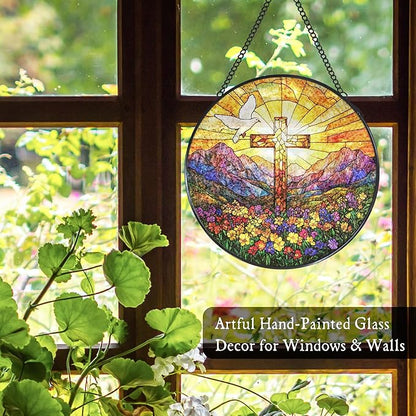 Cross Wildflowers Stained Glass Window Hanging Suncatcher, Christian Dove Sunset Sun Catcher Indoor Window Decor Gifts, Religious Painted Glass Round Wall Hanging Decorations 7.8x7.8 in