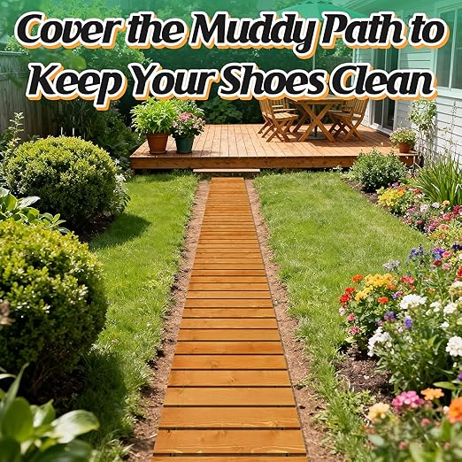 12ft Wooden Garden Pathway - Weather Resistant Carbonized Pine Roll Out Decorative Walkway, Boardwalk Pathway Pavers for Outside Stepping Stones Outdoor Flooring Patio Pool Backyard (Orange)