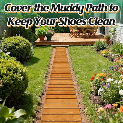 12ft Wooden Garden Pathway - Weather Resistant Carbonized Pine Roll Out Decorative Walkway, Boardwalk Pathway Pavers for Outside Stepping Stones Outdoor Flooring Patio Pool Backyard (Orange)