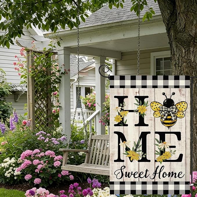 ORTIGIA Home Sweet Home Bee Garden Flag Double Sided 12.5x18 Inch, Spring Summer Yellow Flower Buffalo Plaid Check Small Yard Flag Burlap Farmhouse Rustic Outside Outdoor Lawn Patio Decor