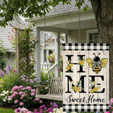 ORTIGIA Home Sweet Home Bee Garden Flag Double Sided 12.5x18 Inch, Spring Summer Yellow Flower Buffalo Plaid Check Small Yard Flag Burlap Farmhouse Rustic Outside Outdoor Lawn Patio Decor