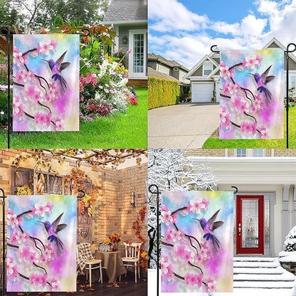 Spring Hummingbird Garden Flags 12x18 Double Sided, Small Cherry Blossoms Yard Flag for Farmhouse Front Porch Lawn Outdoor Holiday Decor