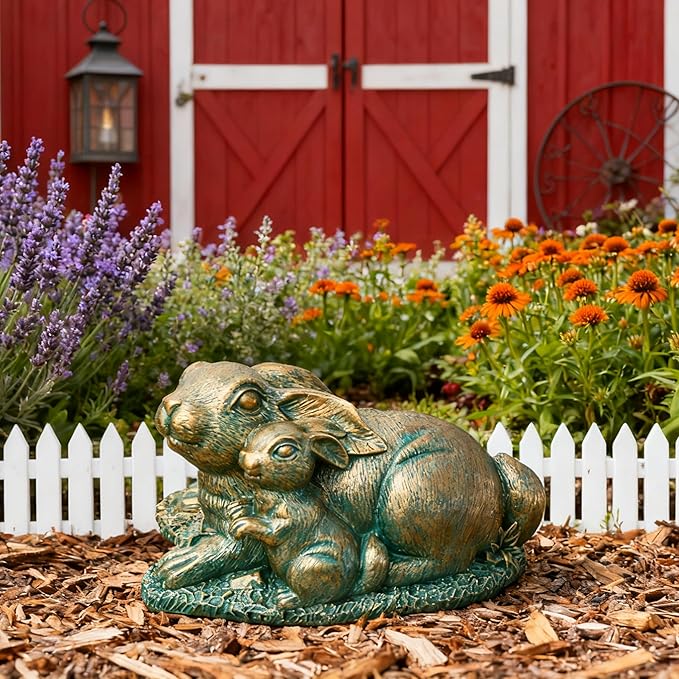 Rabbit Garden Outdoor Statue Resin Easter Bunny Statues for Home, Living Room Decoration, Garden Decor,Verdigris Gold