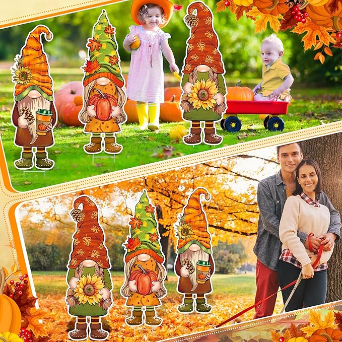 Umigy 3 Pcs Thanksgiving Yard Decor Cute Fall Autumn Gnome Yard Sign with Stakes 32 x 10 Inch Gnome Outdoor Lawn Decor, Outside Thanksgiving Garden Decoration for Home Pathway Walkway