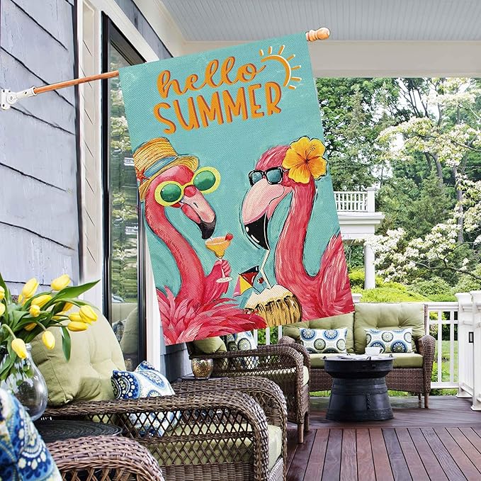 Baccessor Pink Flamingo Hello Summer House Flag Double Sided 28x40 Inch Tropical Beach Summer Welcome Yard Flag Burlap Seasonal Farmhouse Outside Outdoor Decoration